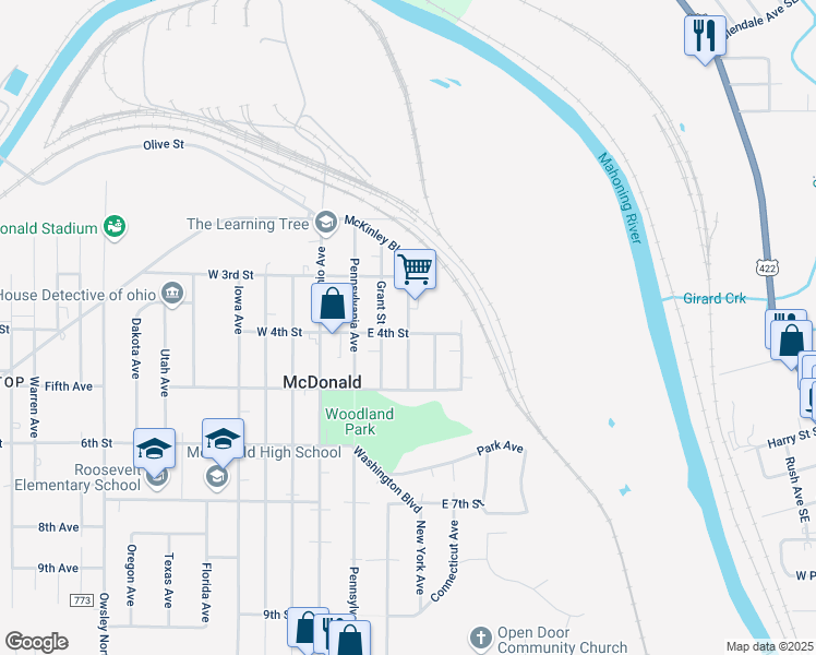 map of restaurants, bars, coffee shops, grocery stores, and more near Hayes Avenue in McDonald