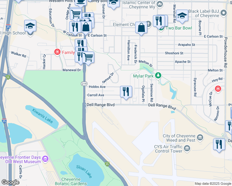 map of restaurants, bars, coffee shops, grocery stores, and more near 5237 Fishing Bridge in Cheyenne
