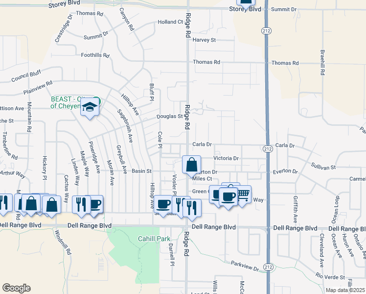 map of restaurants, bars, coffee shops, grocery stores, and more near 5126 Ridge Road in Cheyenne