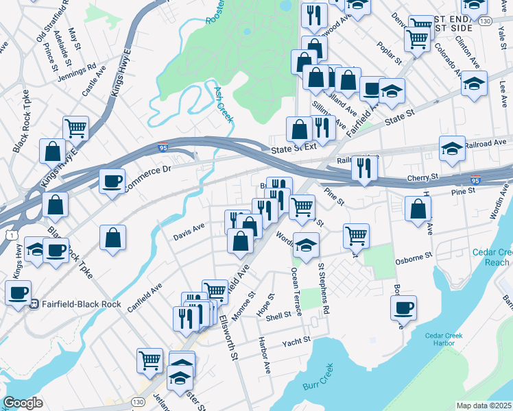 map of restaurants, bars, coffee shops, grocery stores, and more near 33 Wakeman Street in Bridgeport
