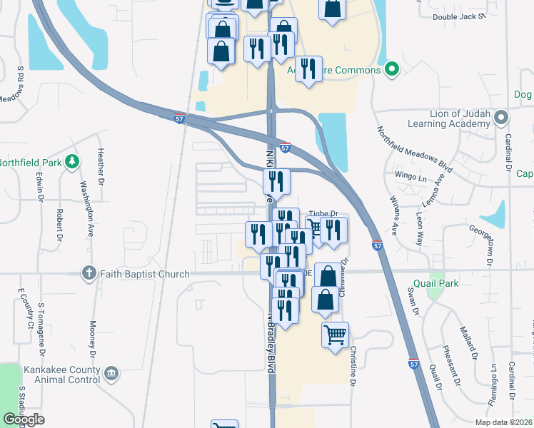 map of restaurants, bars, coffee shops, grocery stores, and more near 1363 North Arthur Burch Drive in Bourbonnais