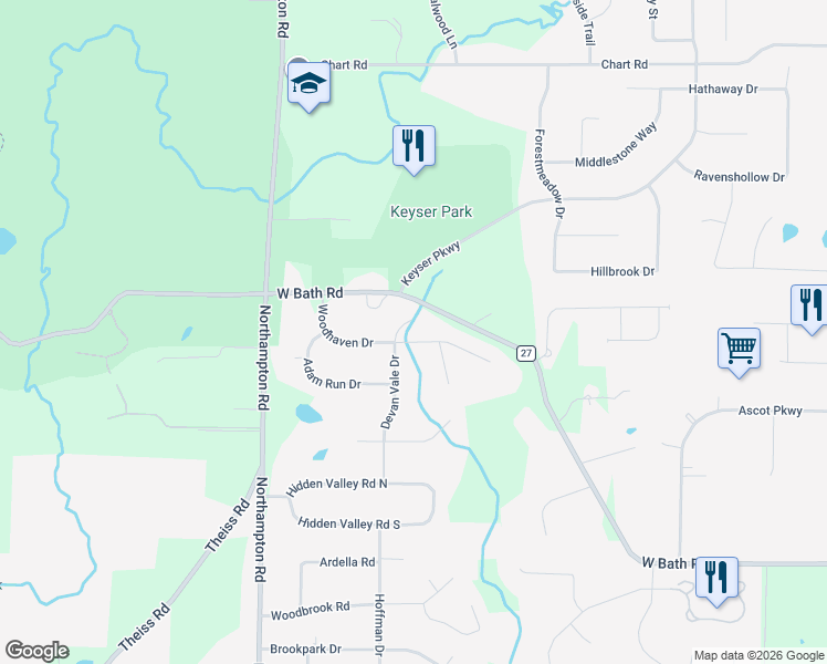 map of restaurants, bars, coffee shops, grocery stores, and more near 697 Woodhaven Drive in Cuyahoga Falls