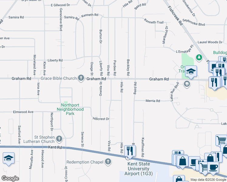 map of restaurants, bars, coffee shops, grocery stores, and more near 3919 Vira Road in Stow