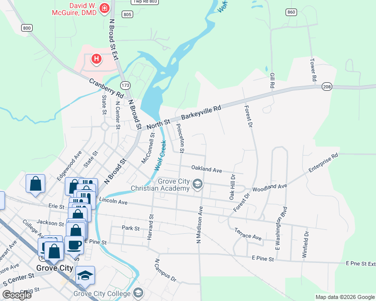 map of restaurants, bars, coffee shops, grocery stores, and more near 608 Princeton Street in Grove City