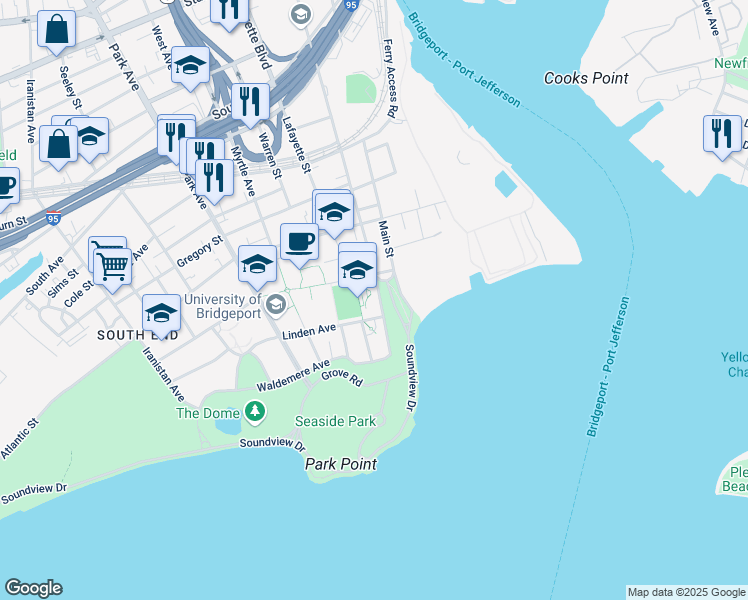map of restaurants, bars, coffee shops, grocery stores, and more near 170 Lafayette Street in Bridgeport