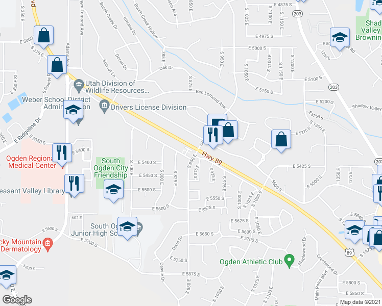 map of restaurants, bars, coffee shops, grocery stores, and more near 832 East 5300 South in South Ogden
