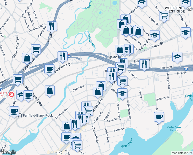 map of restaurants, bars, coffee shops, grocery stores, and more near 50 Siemon Street in Bridgeport