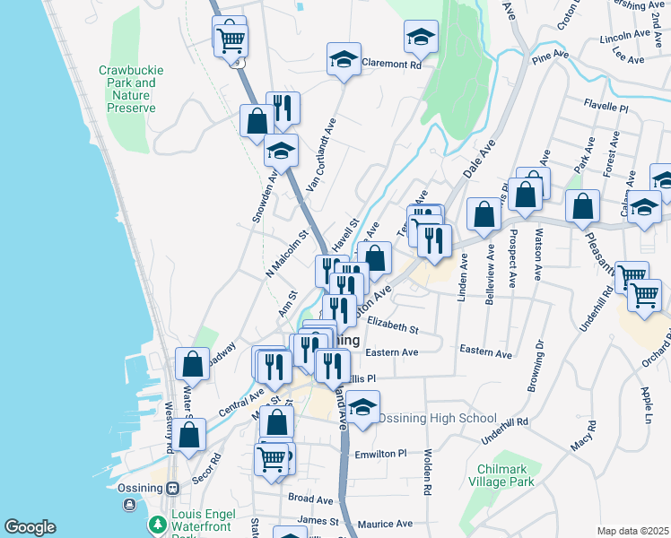 map of restaurants, bars, coffee shops, grocery stores, and more near 96 North Highland Avenue in Ossining