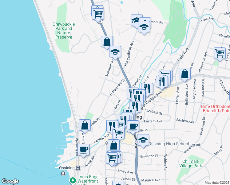 map of restaurants, bars, coffee shops, grocery stores, and more near 47 1/2 North Malcolm Street in Ossining