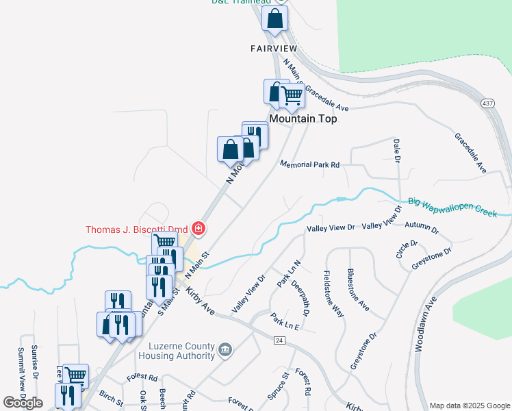 map of restaurants, bars, coffee shops, grocery stores, and more near 84 North Main Street in Mountain Top