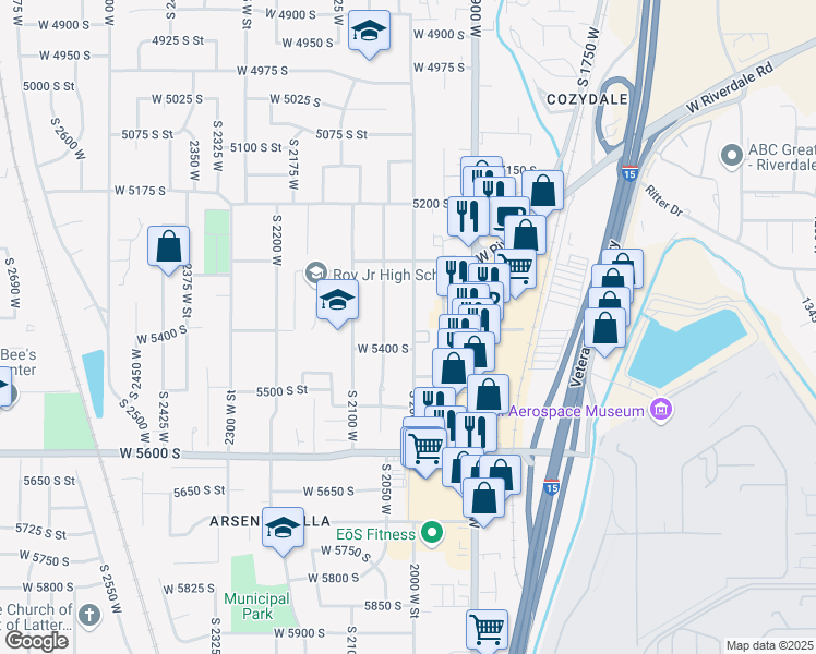 map of restaurants, bars, coffee shops, grocery stores, and more near 5363 South 2000 West in Roy