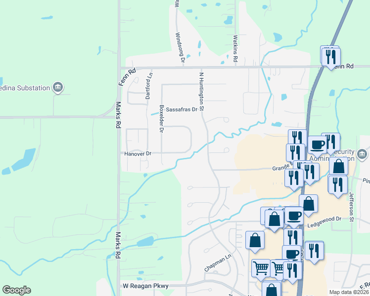 map of restaurants, bars, coffee shops, grocery stores, and more near 5136 Hanover Drive in Medina