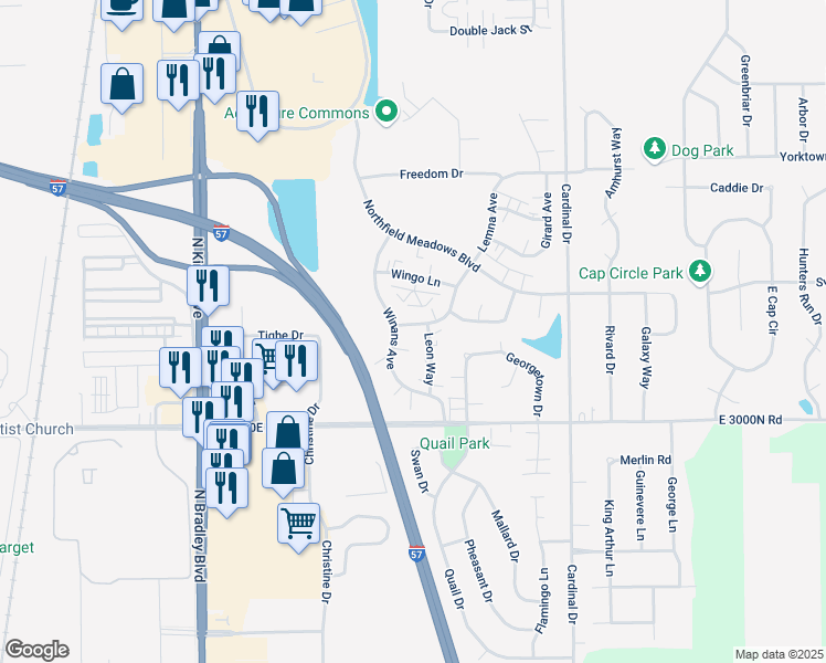 map of restaurants, bars, coffee shops, grocery stores, and more near 1232 Lemna Avenue in Bourbonnais