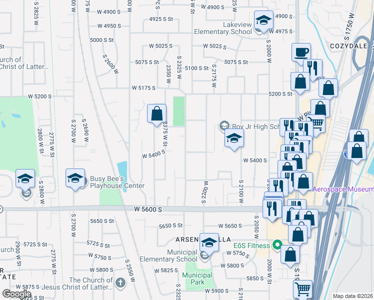 map of restaurants, bars, coffee shops, grocery stores, and more near 5398 South 2300 West in Roy