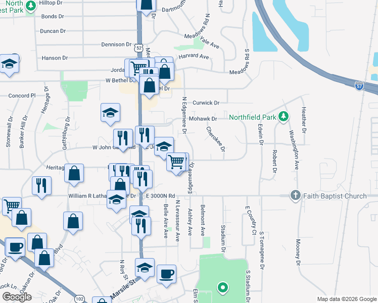 map of restaurants, bars, coffee shops, grocery stores, and more near 627 North Edgemere Drive in Bourbonnais