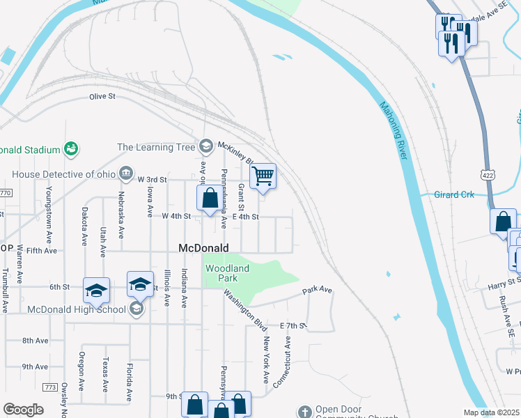 map of restaurants, bars, coffee shops, grocery stores, and more near 326 Hayes Avenue in McDonald