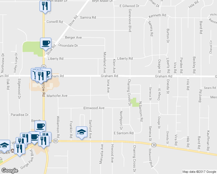 map of restaurants, bars, coffee shops, grocery stores, and more near 3735 Iona Avenue in Stow