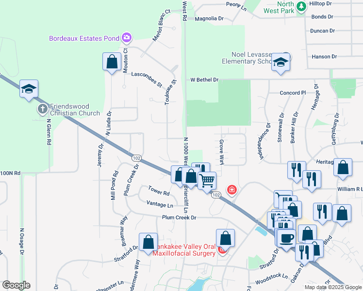 map of restaurants, bars, coffee shops, grocery stores, and more near 1018 Blaye Street in Bourbonnais
