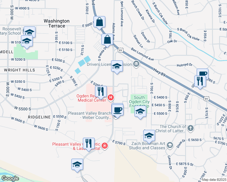 map of restaurants, bars, coffee shops, grocery stores, and more near 5349 Adams Avenue Parkway in Washington Terrace