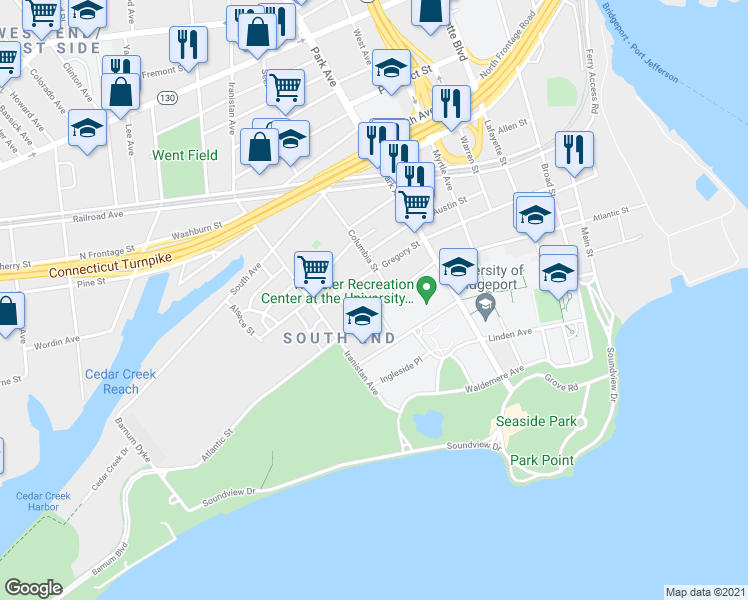 map of restaurants, bars, coffee shops, grocery stores, and more near 493-495 Gregory Street in Bridgeport
