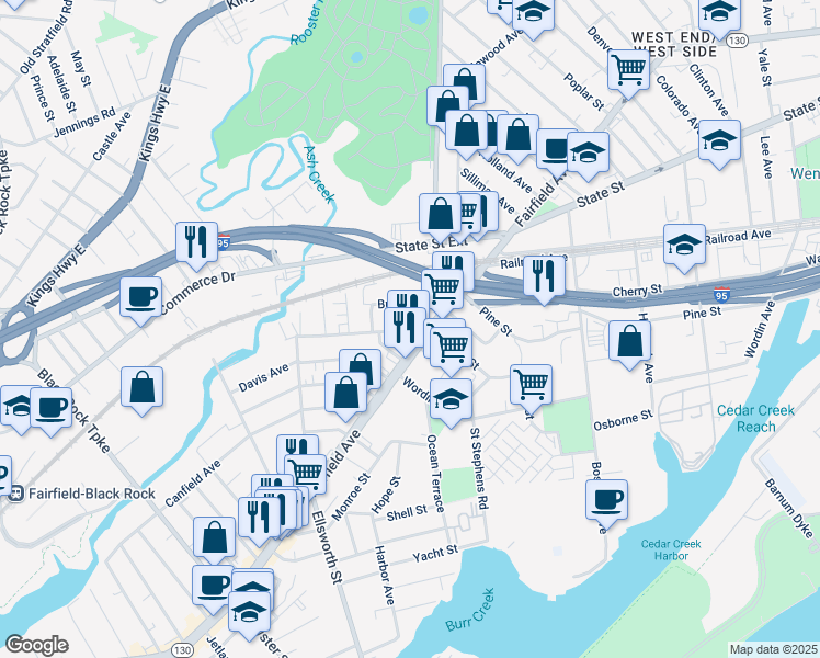 map of restaurants, bars, coffee shops, grocery stores, and more near 4 Burr Court in Bridgeport