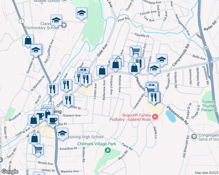 map of restaurants, bars, coffee shops, grocery stores, and more near 25 Prospect Avenue in Ossining