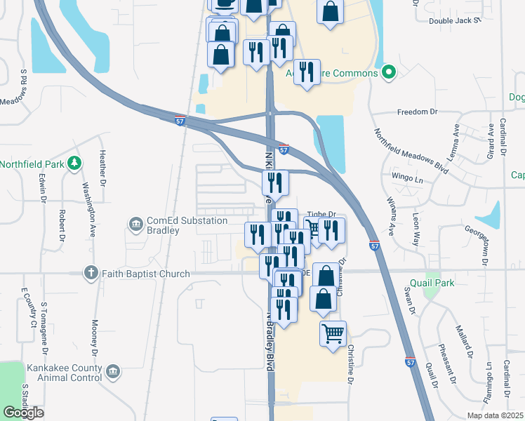 map of restaurants, bars, coffee shops, grocery stores, and more near 1363 North Arthur Burch Drive in Bourbonnais
