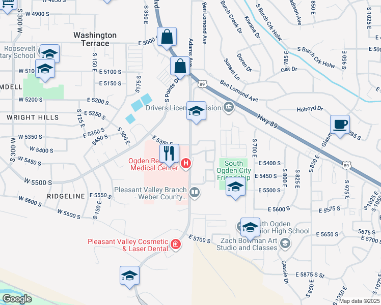 map of restaurants, bars, coffee shops, grocery stores, and more near 5404 South 500 East in Ogden