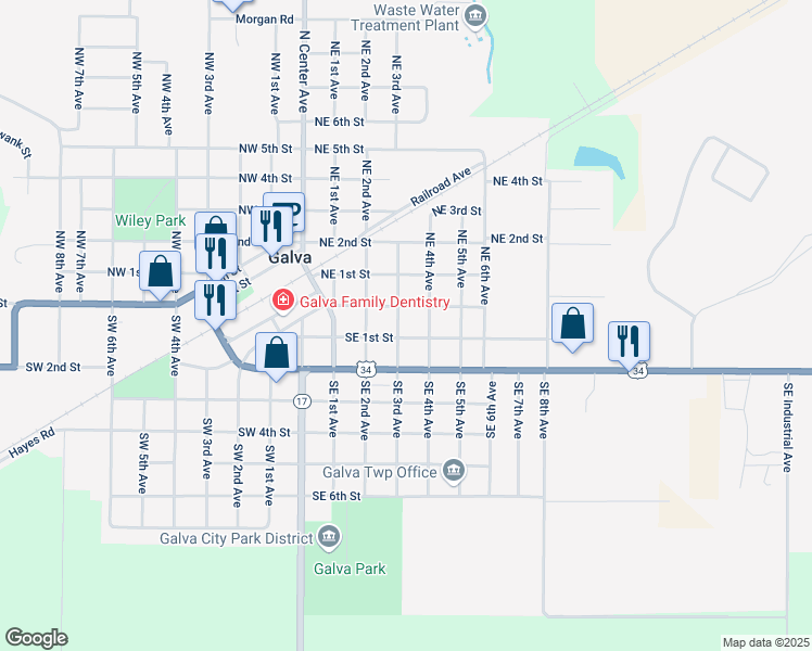 map of restaurants, bars, coffee shops, grocery stores, and more near 317 East Division Street in Galva