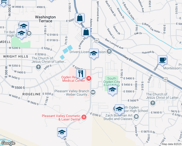 map of restaurants, bars, coffee shops, grocery stores, and more near 5404 South 500 East in Ogden