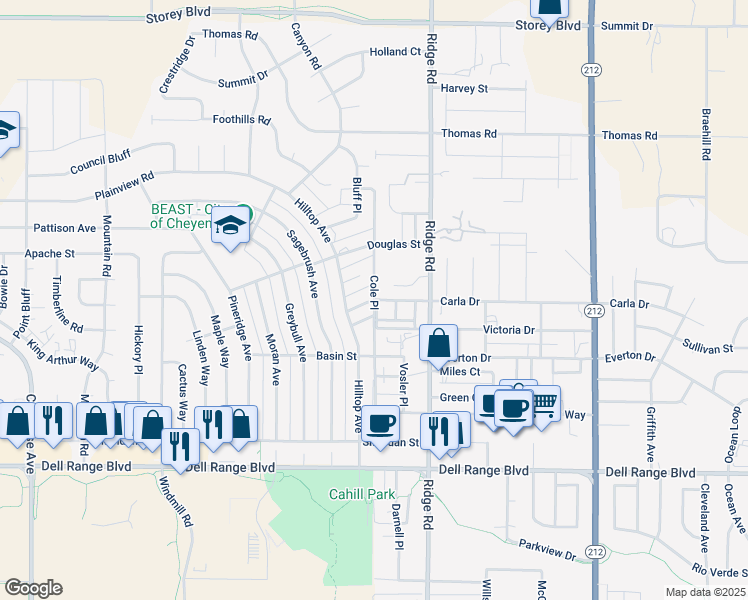 map of restaurants, bars, coffee shops, grocery stores, and more near Cole Place in Cheyenne