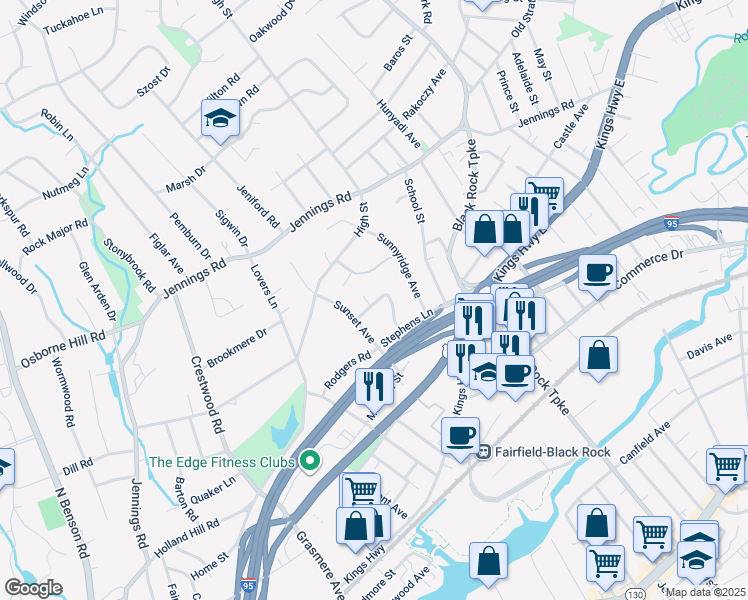 map of restaurants, bars, coffee shops, grocery stores, and more near 20 Dawn Street in Fairfield