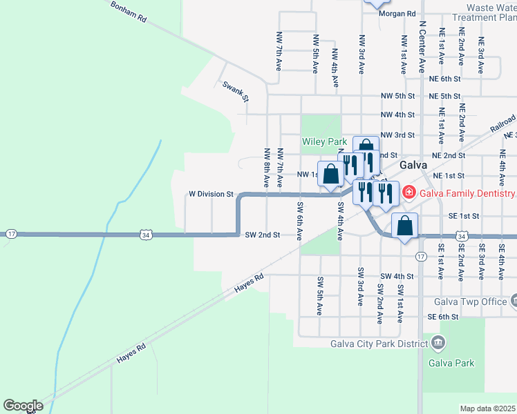 map of restaurants, bars, coffee shops, grocery stores, and more near 821-899 West Division Street in Galva