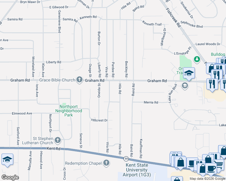 map of restaurants, bars, coffee shops, grocery stores, and more near 3919 Vira Road in Stow