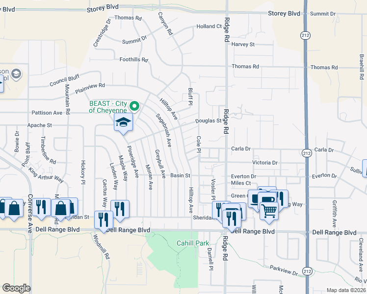 map of restaurants, bars, coffee shops, grocery stores, and more near 5119 Hilltop Avenue in Cheyenne