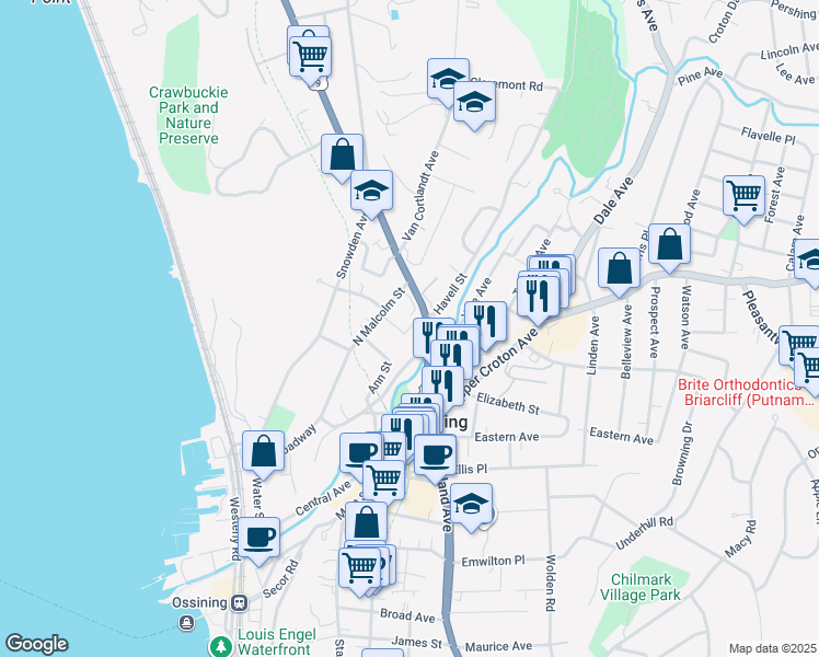 map of restaurants, bars, coffee shops, grocery stores, and more near 5 Sarah Street in Ossining
