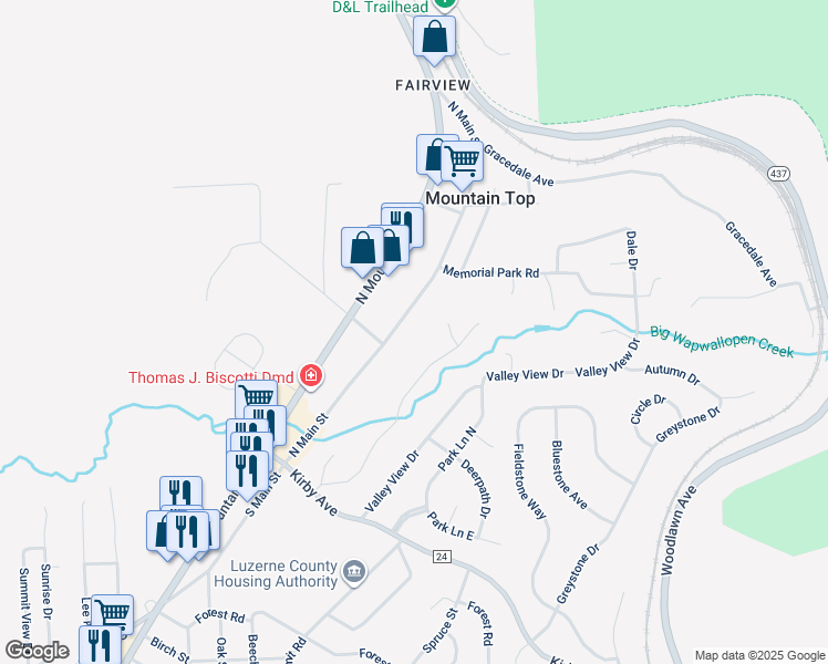 map of restaurants, bars, coffee shops, grocery stores, and more near 84 North Main Street in Mountain Top