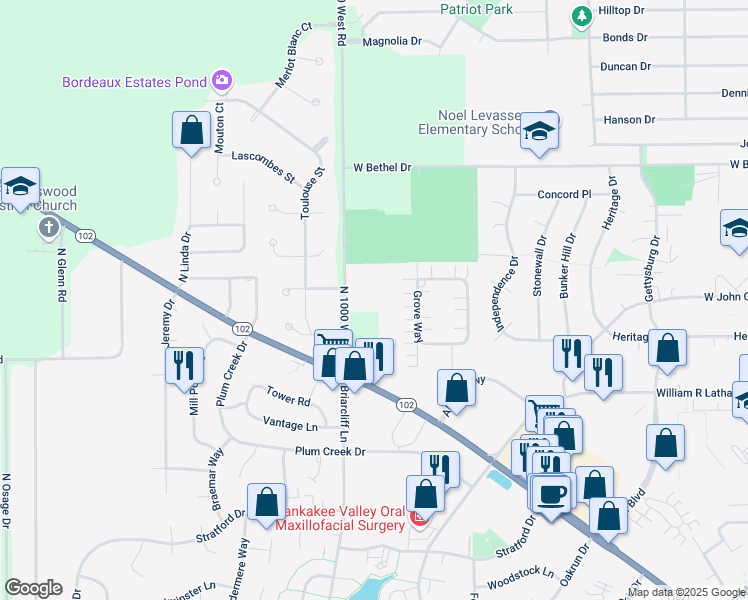 map of restaurants, bars, coffee shops, grocery stores, and more near 1018 Blaye Street in Bourbonnais