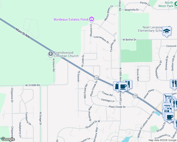 map of restaurants, bars, coffee shops, grocery stores, and more near 1338 Arrowhead Drive in Bourbonnais