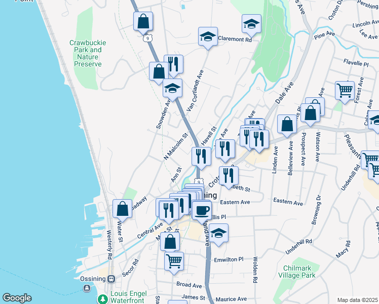 map of restaurants, bars, coffee shops, grocery stores, and more near 5 Sarah Street in Ossining