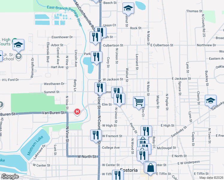 map of restaurants, bars, coffee shops, grocery stores, and more near 316 Summit Street in Fostoria