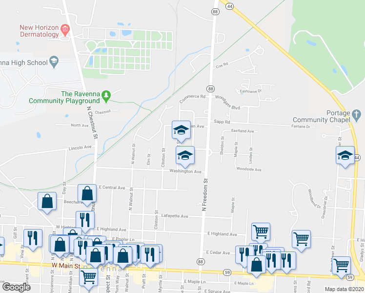 map of restaurants, bars, coffee shops, grocery stores, and more near 505 Robinson Avenue in Ravenna