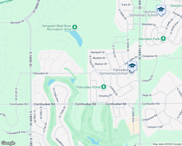 map of restaurants, bars, coffee shops, grocery stores, and more near 17612 Palisades Drive in Omaha