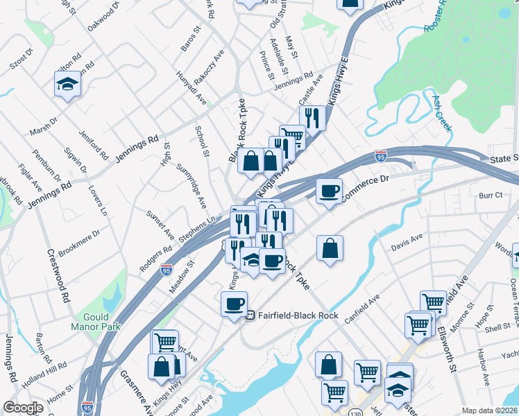 map of restaurants, bars, coffee shops, grocery stores, and more near 4583 Black Rock Turnpike in Fairfield