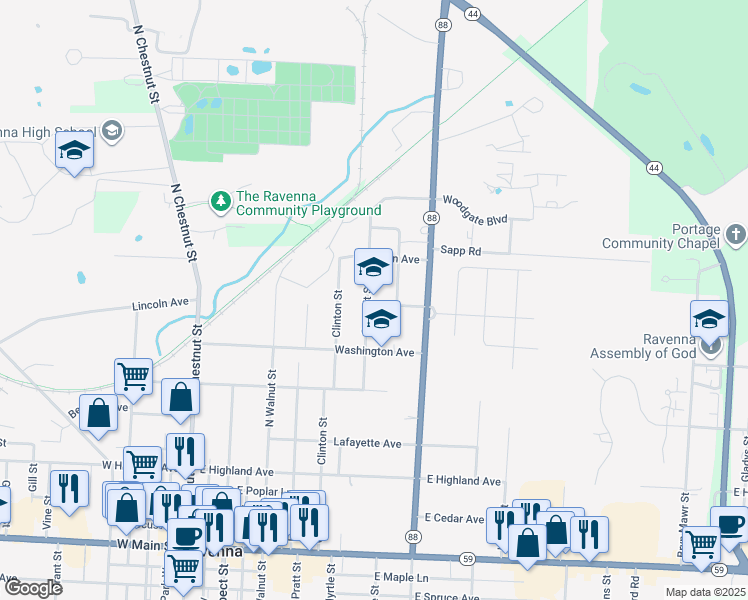 map of restaurants, bars, coffee shops, grocery stores, and more near 505 Robinson Avenue in Ravenna