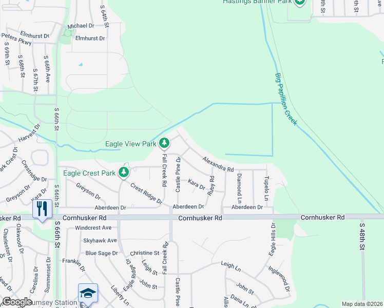 map of restaurants, bars, coffee shops, grocery stores, and more near 2203 Alexandra Road in Papillion