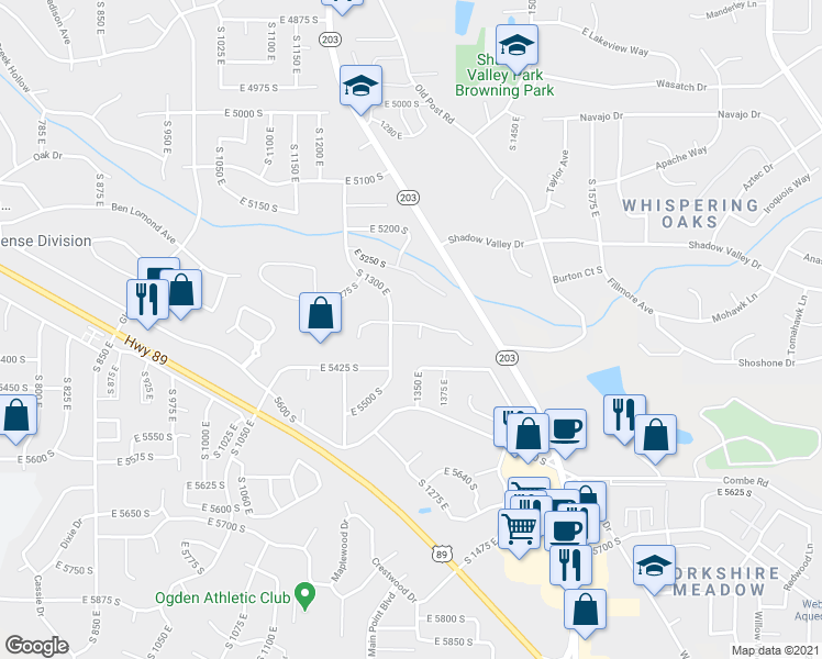 map of restaurants, bars, coffee shops, grocery stores, and more near 1335 East 5375 South in Ogden