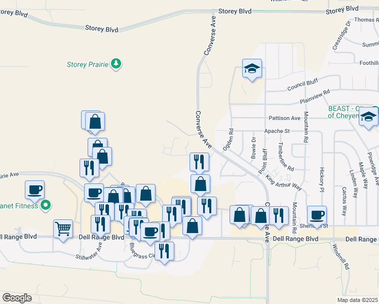 map of restaurants, bars, coffee shops, grocery stores, and more near 5149 King Arthur Way in Cheyenne