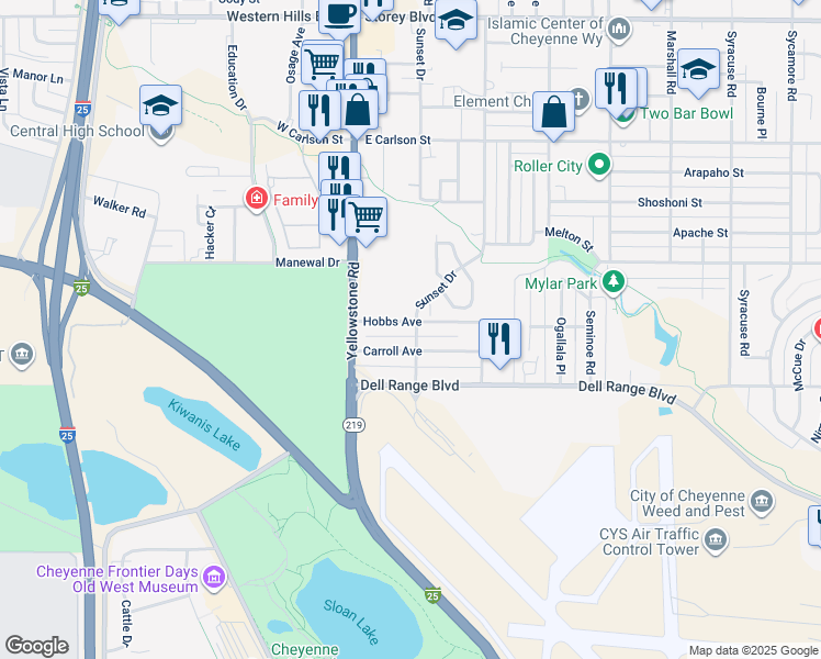 map of restaurants, bars, coffee shops, grocery stores, and more near 5215 Sunset Street in Cheyenne