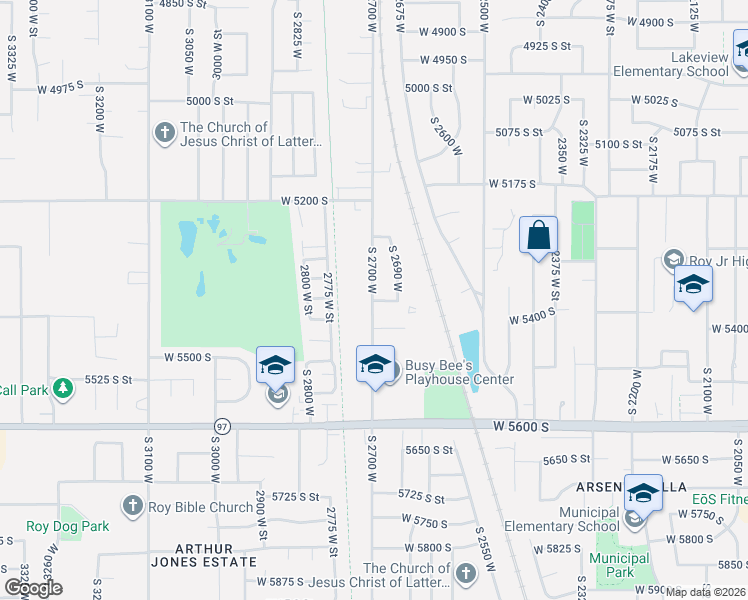 map of restaurants, bars, coffee shops, grocery stores, and more near 2691 West 5350 South in Roy